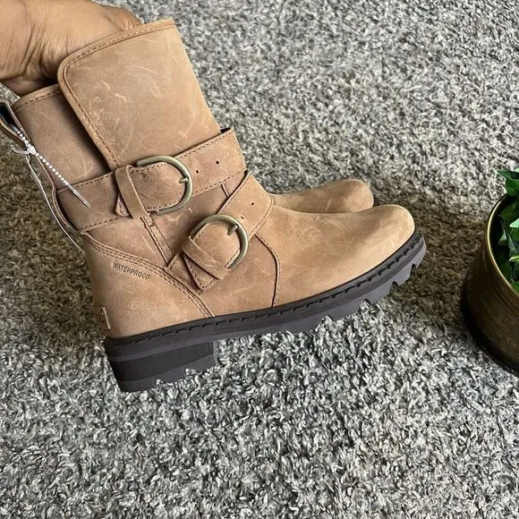 Sorel Lennox Moto Boots Cozy Shearling Lined Size 5.5 Brown Leather Buckle New