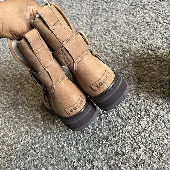 Sorel Lennox Moto Boots Cozy Shearling Lined Size 5.5 Brown Leather Buckle New