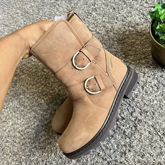 Sorel Lennox Moto Boots Cozy Shearling Lined Size 5.5 Brown Leather Buckle New