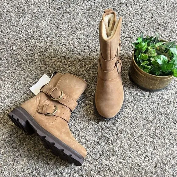 Sorel Lennox Moto Boots Cozy Shearling Lined Size 5.5 Brown Leather Buckle New