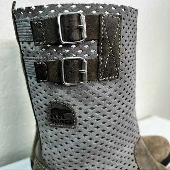 Sorel Major Pull-On Perforated Grey Leather Moto Riding Boots Size 10