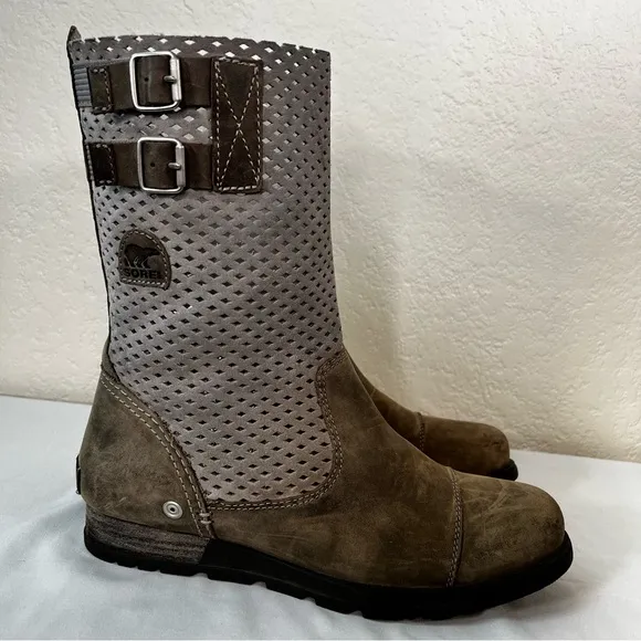 Sorel Major Pull-On Perforated Grey Leather Moto Riding Boots Size 10