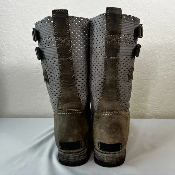 Sorel Major Pull-On Perforated Grey Leather Moto Riding Boots Size 10