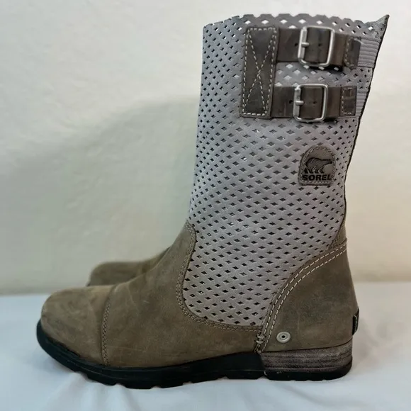 Sorel Major Pull-On Perforated Grey Leather Moto Riding Boots Size 10
