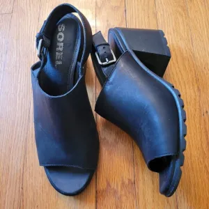 Sorel NADIA Black Slingback Leather Heeled Sandals Open Toe 11