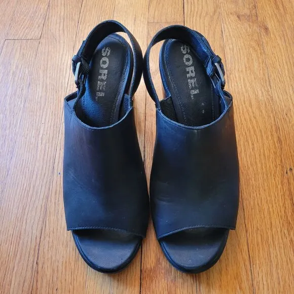 Sorel NADIA Black Slingback Leather Heeled Sandals Open Toe 11