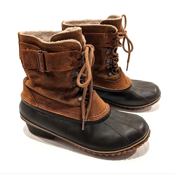 SOREL women's brown suede leather lace-up buckle duck boots NL2125-286