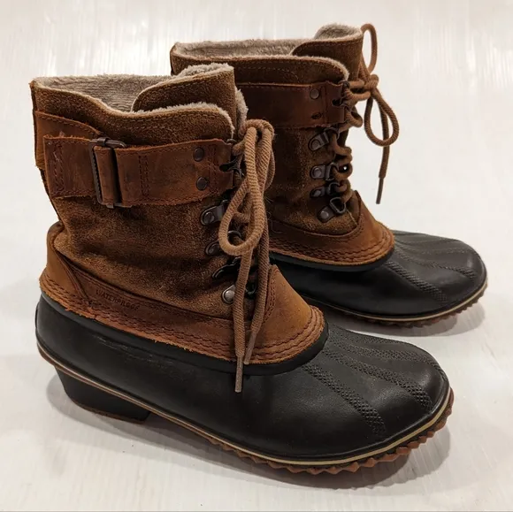 SOREL women's brown suede leather lace-up buckle duck boots NL2125-286