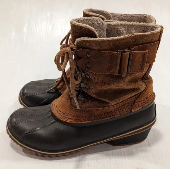 SOREL women's brown suede leather lace-up buckle duck boots NL2125-286