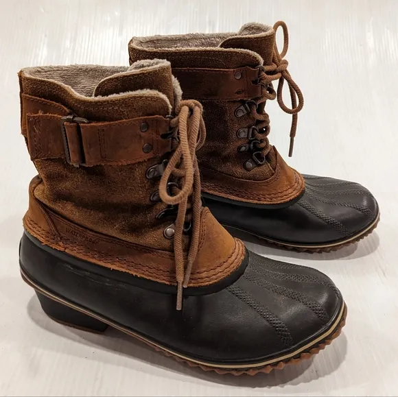 SOREL women's brown suede leather lace-up buckle duck boots NL2125-286