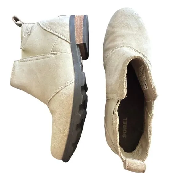 Sorel Women’s Emelie Chelsea Oatmeal Ankle Pull On Booties Boots Lug Sole Size 9