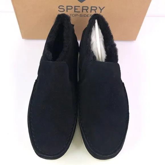 SPERRY Mens Moc Sider Black Suede Lined Slip on Boots Shoes STS23724