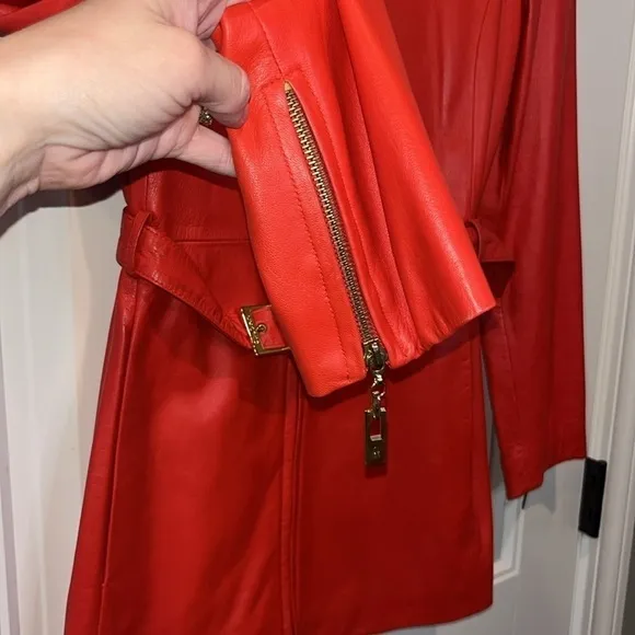 St. John Coat Collection beautiful classic chic red belted leather jacket S