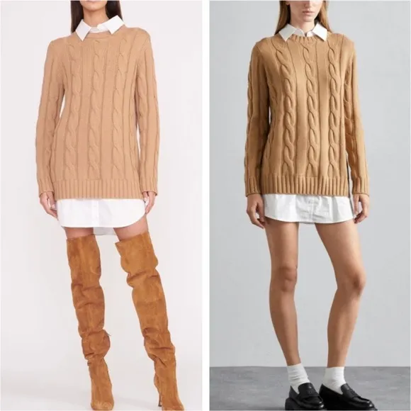 STAUD Aldrin Sweater Shirt Mini Dress cable knit wool Camel/White xl
