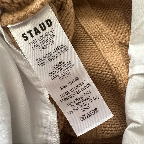 STAUD Aldrin Sweater Shirt Mini Dress cable knit wool Camel/White xl