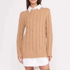 STAUD Aldrin Sweater Shirt Mini Dress cable knit wool Camel/White xl