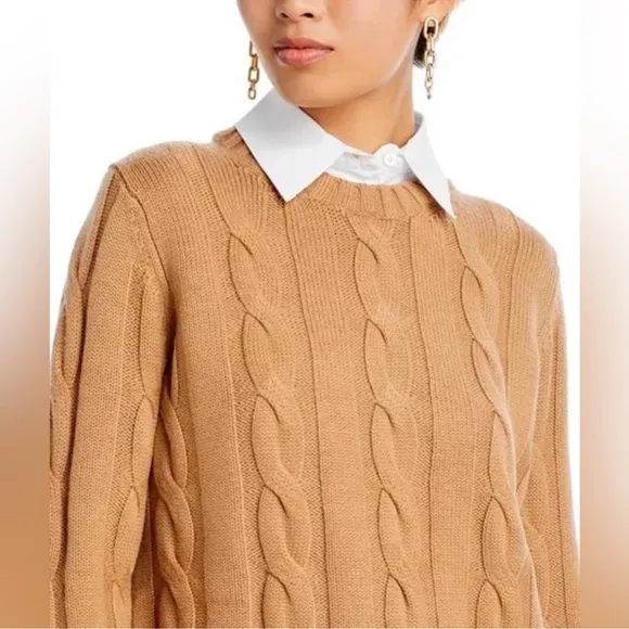 STAUD Aldrin Sweater Shirt Mini Dress cable knit wool Camel/White xl