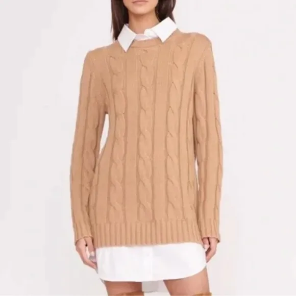 STAUD Aldrin Sweater Shirt Mini Dress cable knit wool Camel/White xl