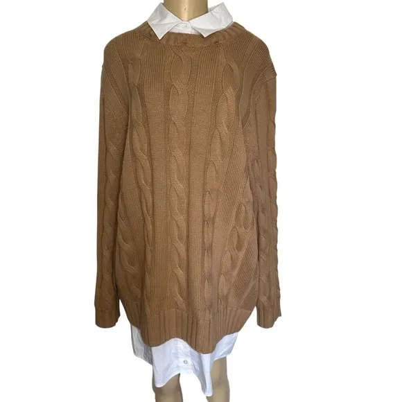 STAUD Aldrin Sweater Shirt Mini Dress cable knit wool Camel/White xl