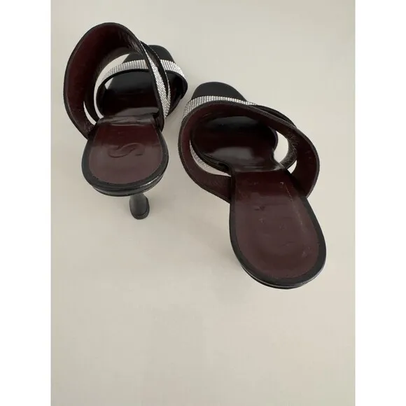 Staud Sonny Rhinestone Sandals Black Multi Strap Slides Heels Sz 37 / 6.5 US