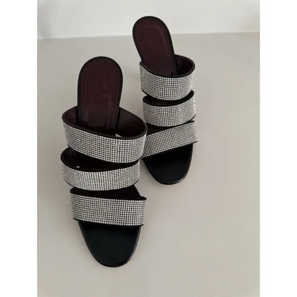 Staud Sonny Rhinestone Sandals Black Multi Strap Slides Heels Sz 37 / 6.5 US