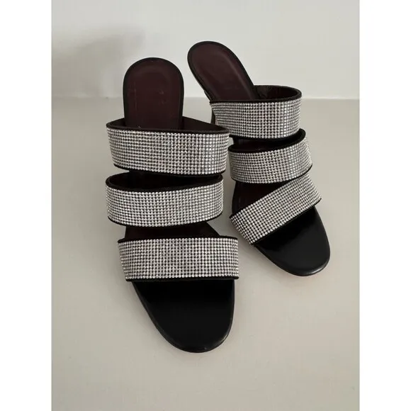 Staud Sonny Rhinestone Sandals Black Multi Strap Slides Heels Sz 37 / 6.5 US
