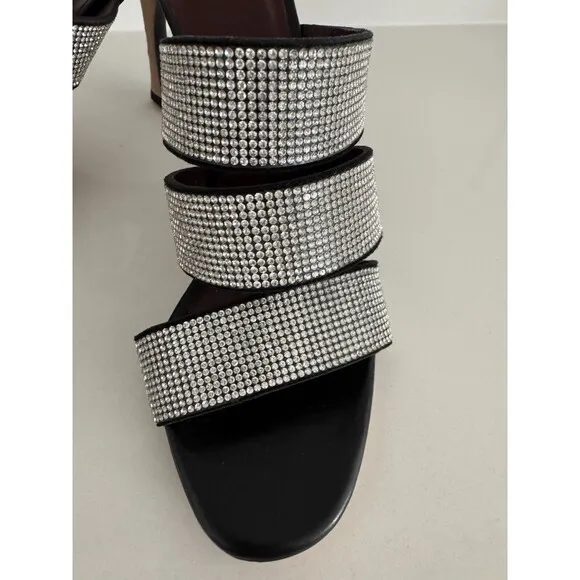 Staud Sonny Rhinestone Sandals Black Multi Strap Slides Heels Sz 37 / 6.5 US