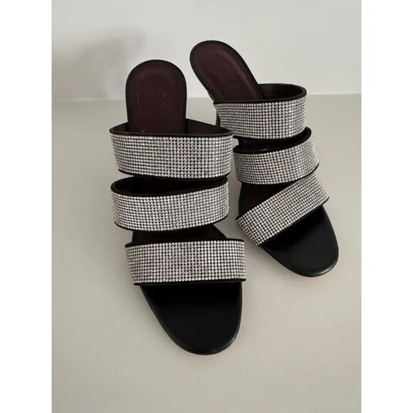 Staud Sonny Rhinestone Sandals Black Multi Strap Slides Heels Sz 37 / 6.5 US