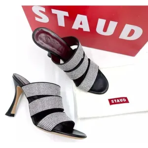 Staud Sonny Rhinestone Sandals Black Multi Strap Slides Heels Sz 37 / 6.5 US