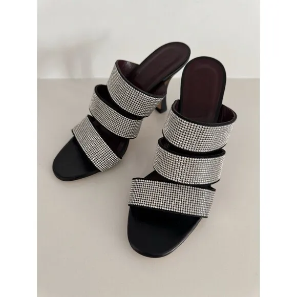 Staud Sonny Rhinestone Sandals Black Multi Strap Slides Heels Sz 37 / 6.5 US