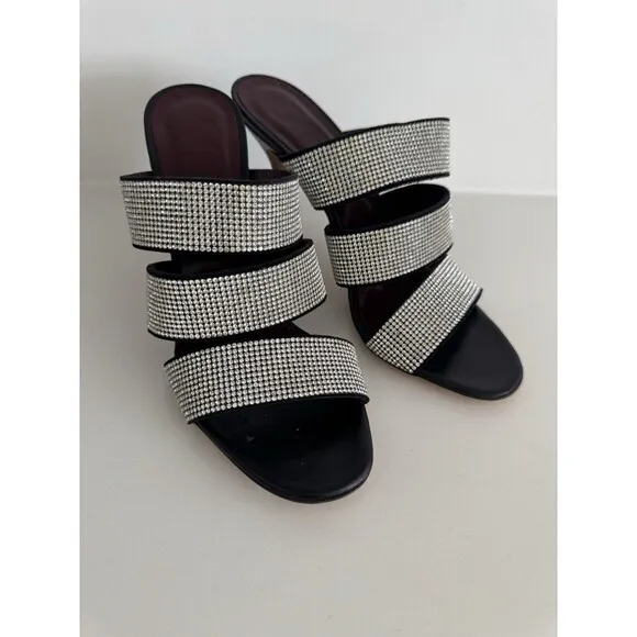 Staud Sonny Rhinestone Sandals Black Multi Strap Slides Heels Sz 37.5 / 7US