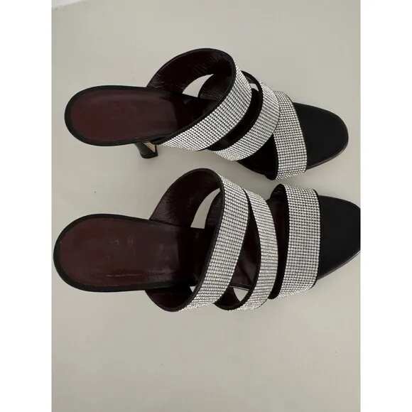 Staud Sonny Rhinestone Sandals Black Multi Strap Slides Heels Sz 37.5 / 7US