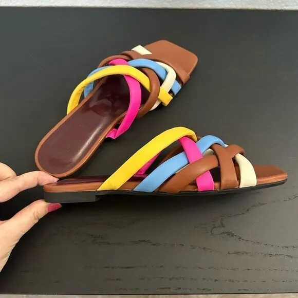 STAUD Brown Multi Color Flat Sandals, Size EU 37