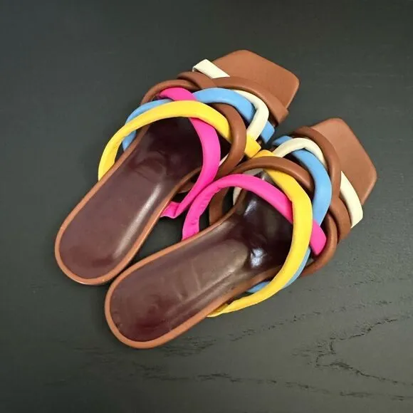 STAUD Brown Multi Color Flat Sandals, Size EU 37