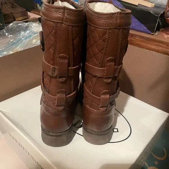 Steve Madden Banddit Leather Brown Moto Buckle Boots Women’s Size 7.5 - $170