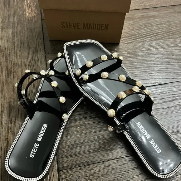 Steve Madden Black Sandals Pearl Embellishment Studded Flat Sandals size 7 NEW