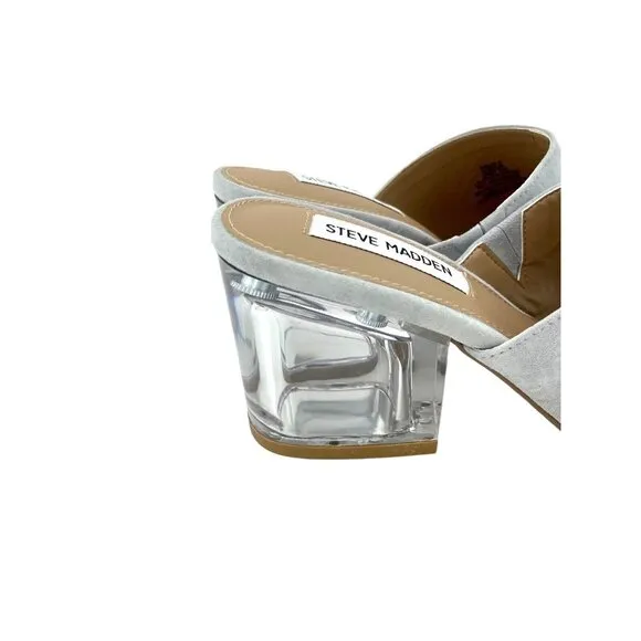 Steve Madden Dalis Grey Suede Leather Sandals Slip On Mule Clear Block Heel SZ 6
