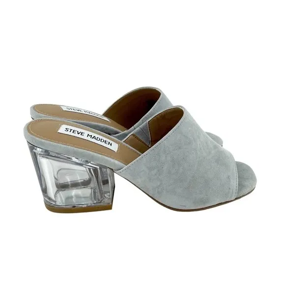 Steve Madden Dalis Grey Suede Leather Sandals Slip On Mule Clear Block Heel SZ 6