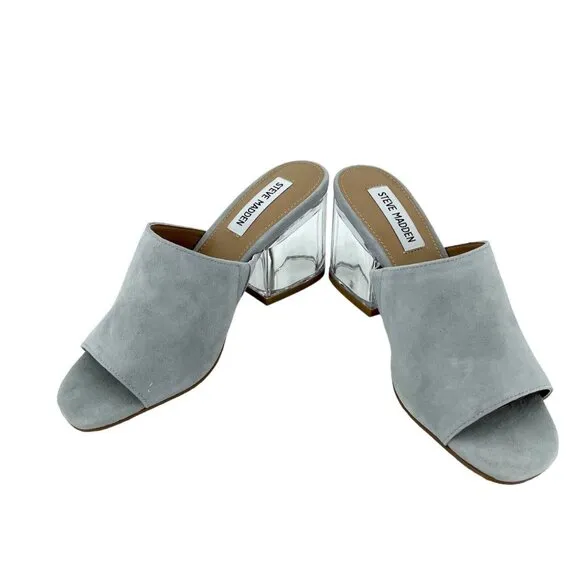 Steve Madden Dalis Grey Suede Leather Sandals Slip On Mule Clear Block Heel SZ 6
