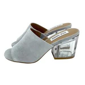 Steve Madden Dalis Grey Suede Leather Sandals Slip On Mule Clear Block Heel SZ 6