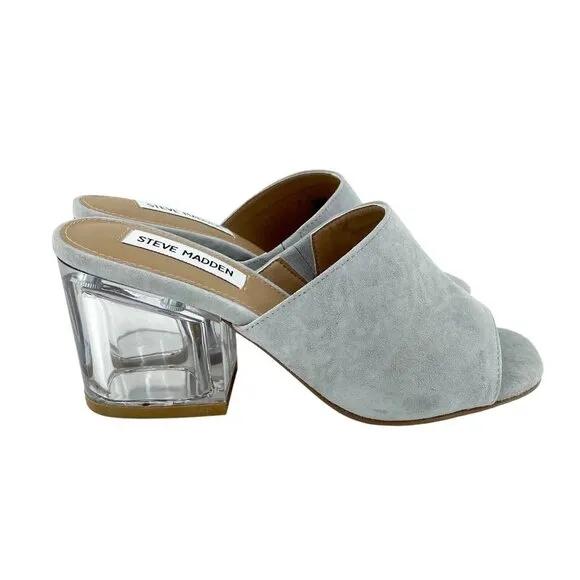 Steve Madden Dalis Grey Suede Leather Sandals Slip On Mule Clear Block Heel SZ 6