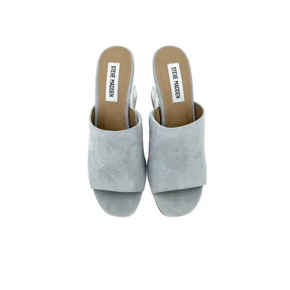 Steve Madden Dalis Grey Suede Leather Sandals Slip On Mule Clear Block Heel SZ 6