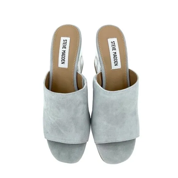 Steve Madden Dalis Grey Suede Leather Sandals Slip On Mule Clear Block Heel SZ 6