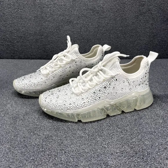 Steve Madden Fashion Sneakers Womens 6.5 M White Silver Danaly Rhinestone
