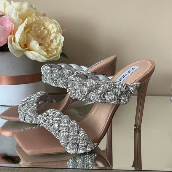 STEVE MADDEN Kenley-R Silver Rhinestone Braided High Heel Sandals