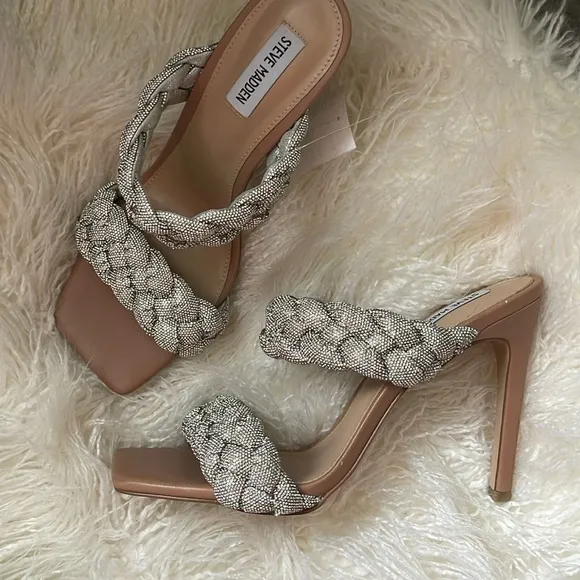 STEVE MADDEN Kenley-R Silver Rhinestone Braided High Heel Sandals