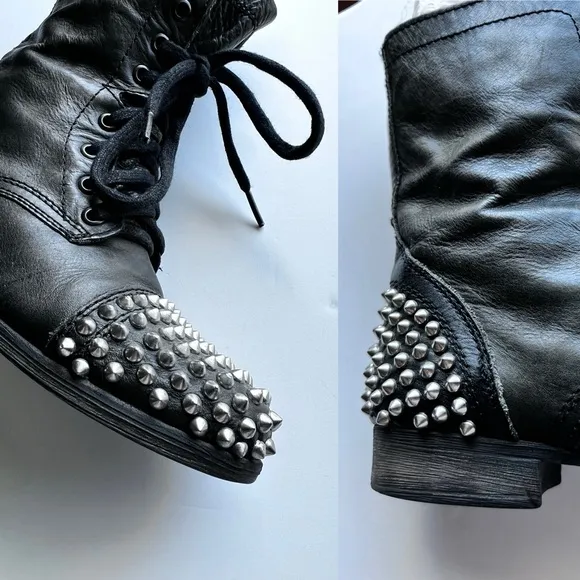 STEVE MADDEN Leather Tarnney SilverStudded Lace Up Ankle Combat Boots, Size 7M