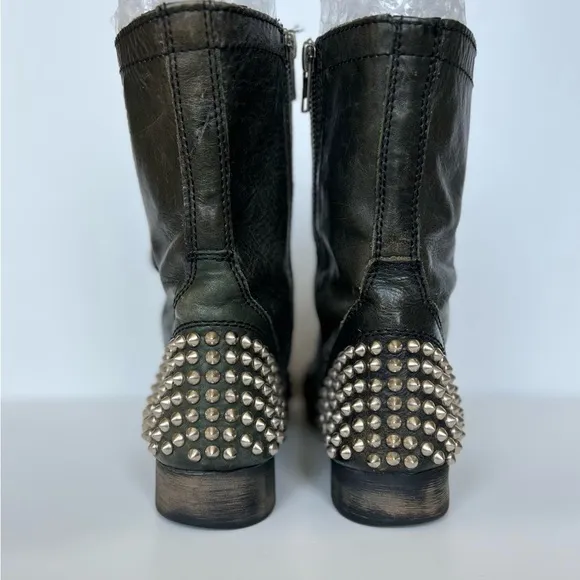 STEVE MADDEN Leather Tarnney SilverStudded Lace Up Ankle Combat Boots, Size 7M