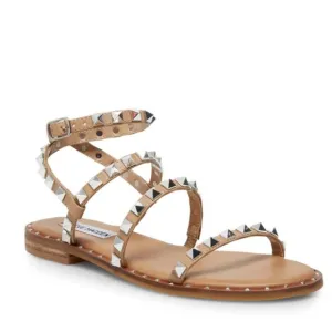 STEVE MADDEN Tan Studded Ankle Strap Flat Sandals