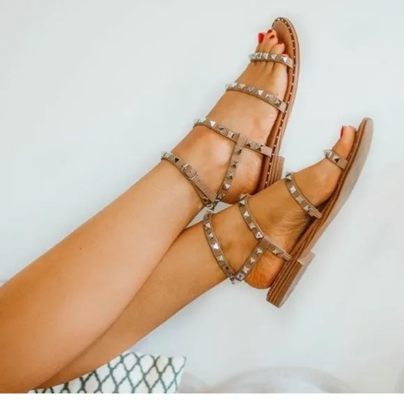 STEVE MADDEN Tan Studded Ankle Strap Flat Sandals